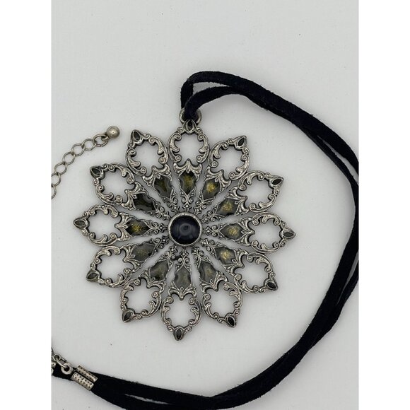 Circle Pendant 3" Silver Tone Pierced Designs Glass Center Black Cord - Picture 2 of 9